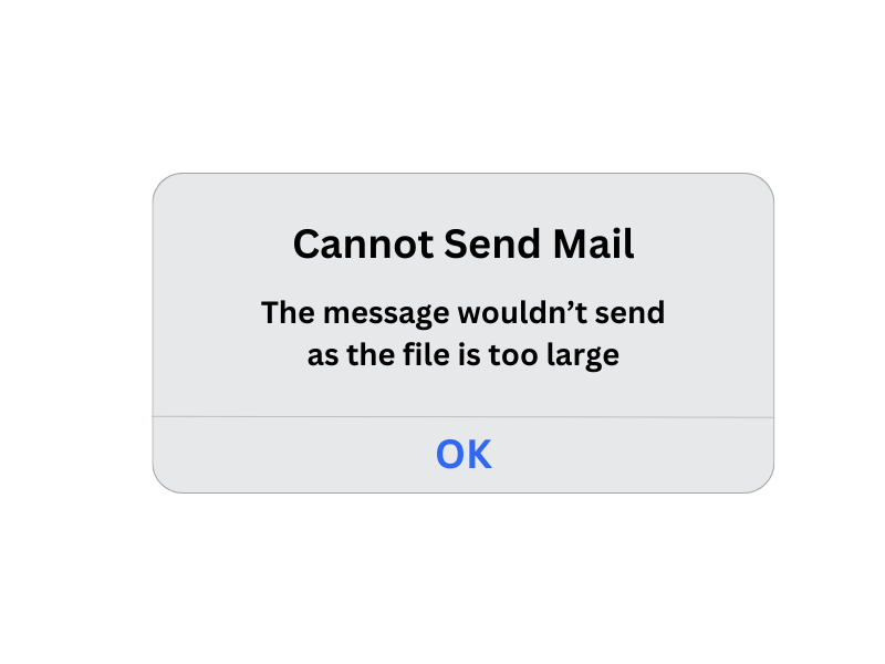 Image of a message displaying "cannot send mail. The file is too large to send" | Microsoft update