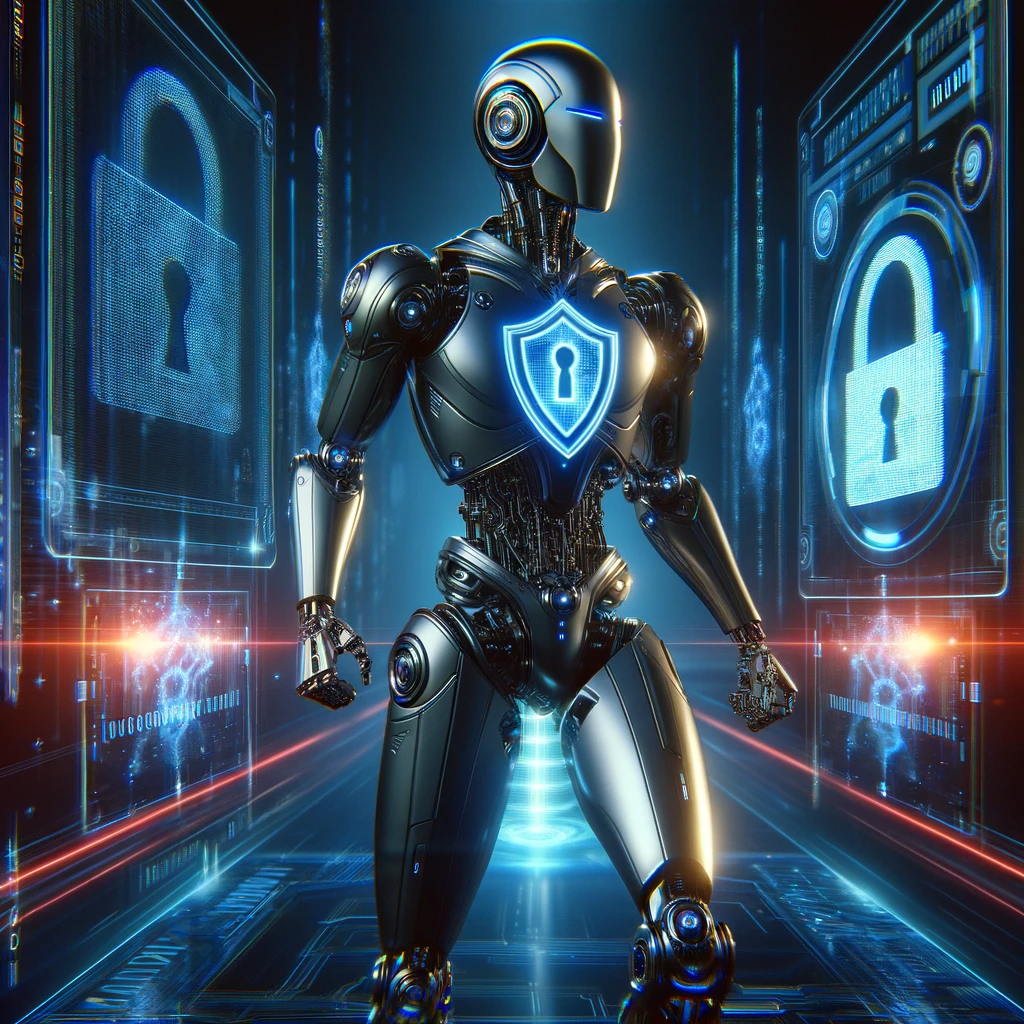 cyber security concept, featuring a humanoid robot with a sleek, metallic body in a dynamic pose, symbolising MANAGED CYBER SECURITY from it manager services