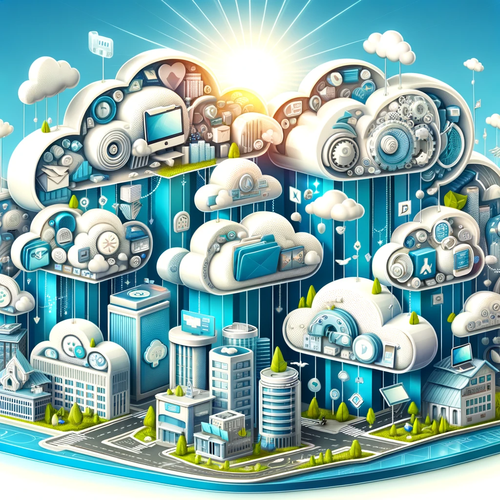 A whimsical, digital art style depiction of cloud services. The scene includes a bright, sunny sky with fluffy, cartoonish clouds. Each cloud is creatively designed to represent different aspects of cloud computing, such as data storage, networking, and cloud-based applications. Some clouds are shaped like file folders, others have digital icons floating around them. Below the clouds, there's a stylized cityscape with various buildings symbolizing different industries benefiting from cloud services. The overall tone is futuristic and imaginative, with a color palette of blues, whites, and hints of green and yellow.