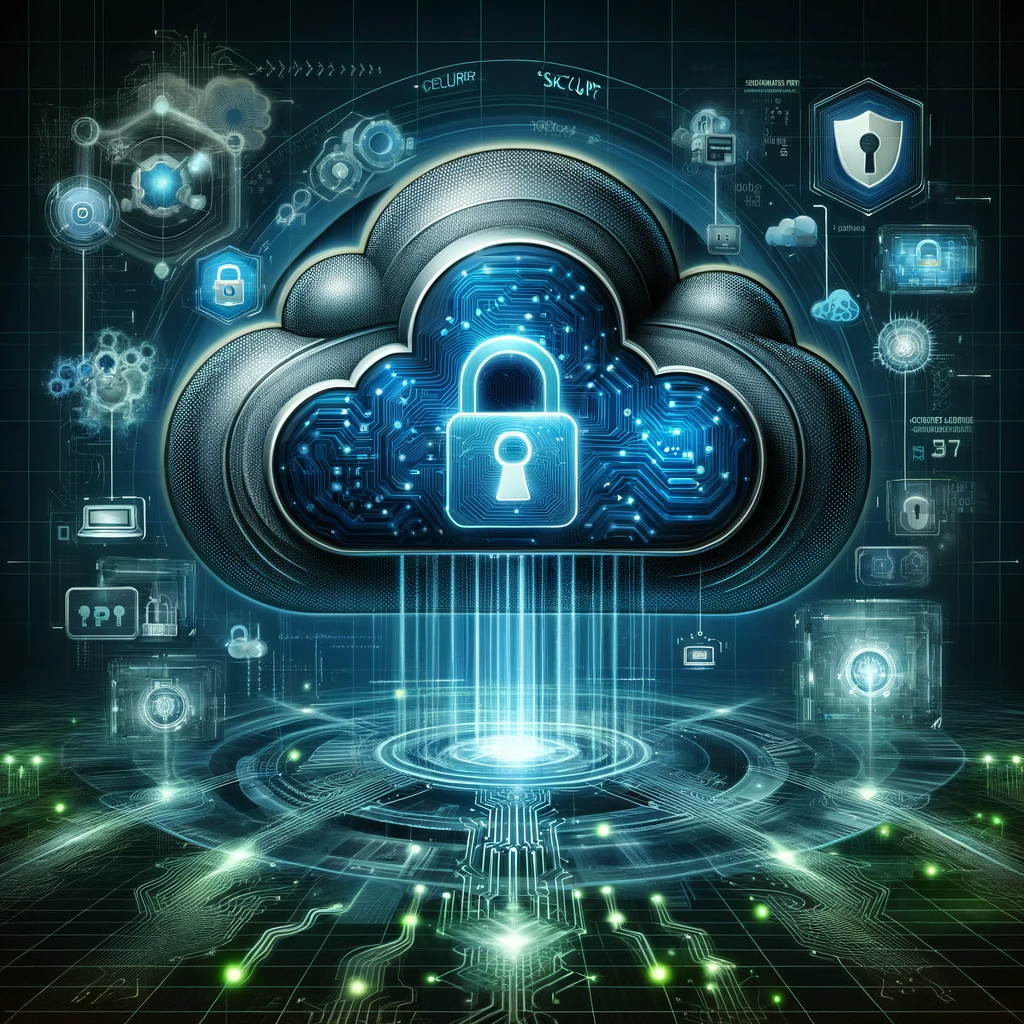 A dynamic, digital art style illustration highlighting cybersecurity in a cloud services. The composition features a large, formidable cloud in the center, symbolizing cloud computing. This cloud is intricately designed with digital patterns and locks, representing strong cybersecurity measures. Surrounding the cloud are various digital shields, firewalls, and secure connections, depicted as glowing, protective barriers. Below the cloud, there are abstract representations of data streams, flowing securely into and out of the cloud, symbolizing encrypted data transmission. The color scheme is a mix of blues, grays, and neon greens, conveying a high-tech, secure atmosphere.