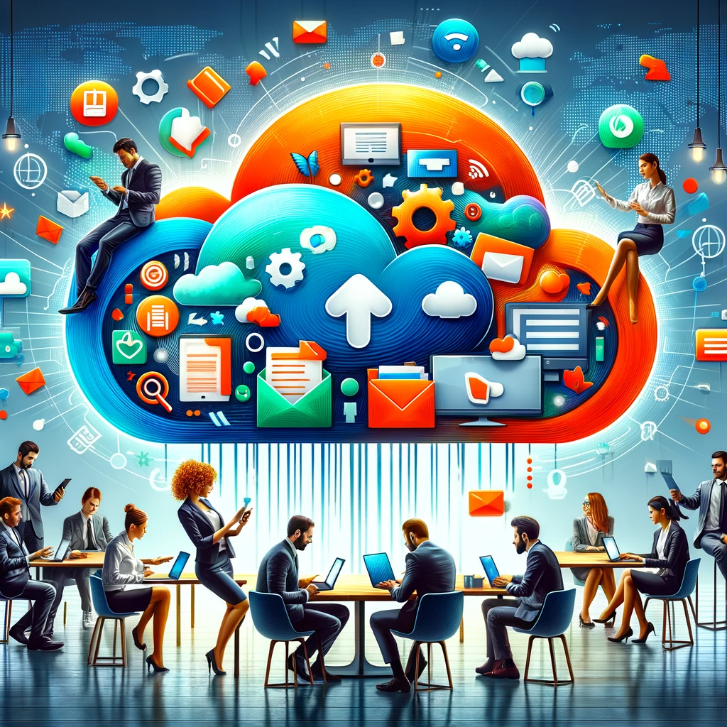A vibrant, digital art style depiction of teamwork and file sharing in a cloud computing environment. The scene shows a group of diverse professionals, each with a digital device (laptops, tablets, smartphones), collaboratively working around a large, symbolic cloud. This cloud is artistically designed to represent a cloud services, with icons of folders, files, and sharing symbols floating around it. The professionals are engaged in various activities such as discussing, pointing at screens, and sharing data, symbolizing effective teamwork and collaboration. The background is a modern office space, with hints of technology and connectivity elements. The color palette is bright and engaging, with blues, oranges, and greens, suggesting a lively and productive atmosphere.