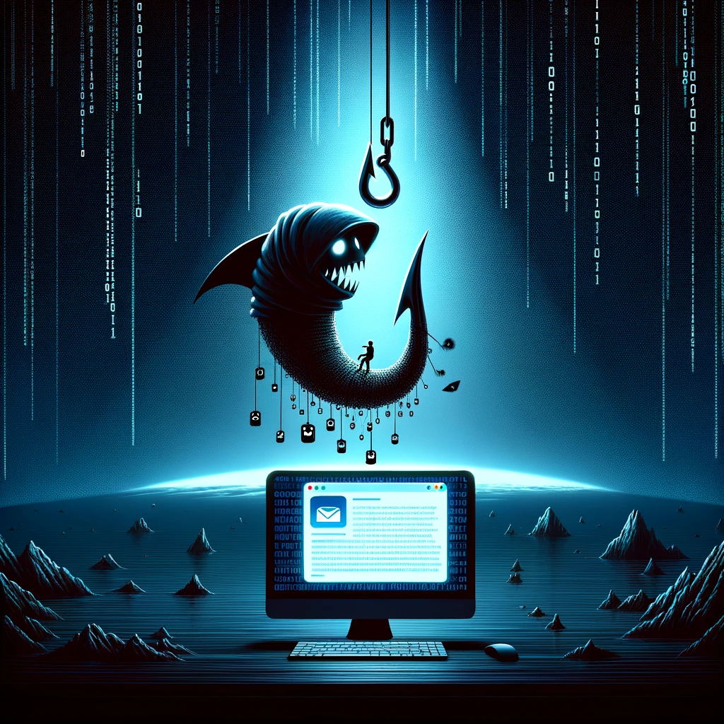  An illustration representing phishing scams, featuring a metaphorical depiction. The scene shows a digital landscape with a large, ominous fishing hoo