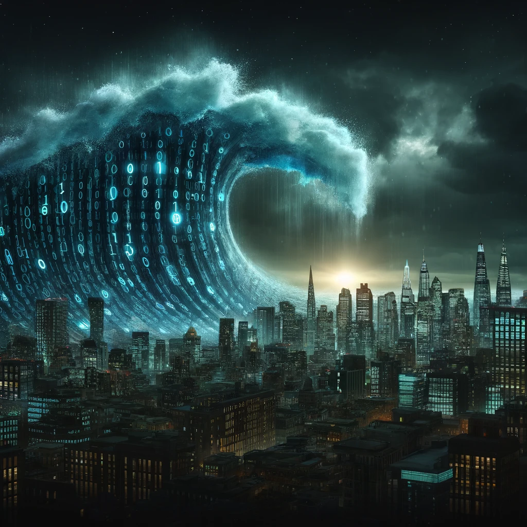 conceptual digital artwork representing the rising tide of cyber threats. The image features a dark, ominous ocean wave made of binary code, looming